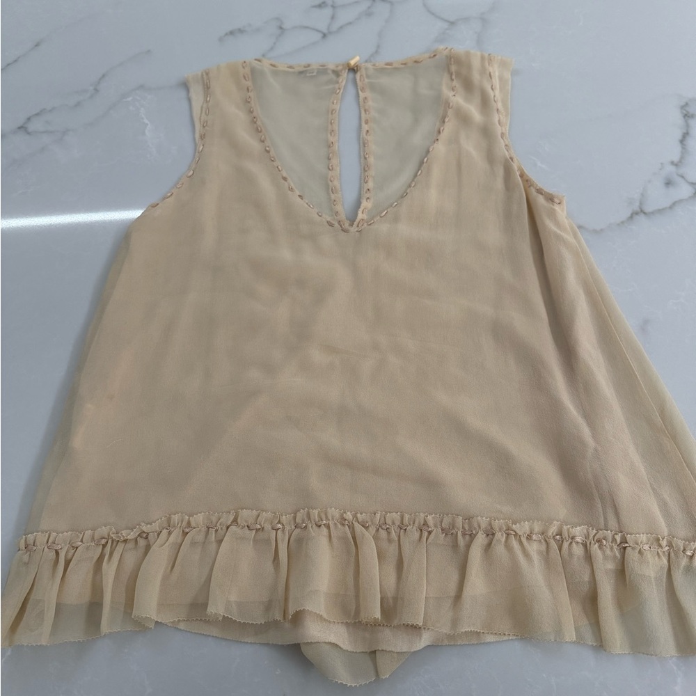 American Retro Beige Embroidered Chiffon Ruffle Tank - Picture 6 of 8